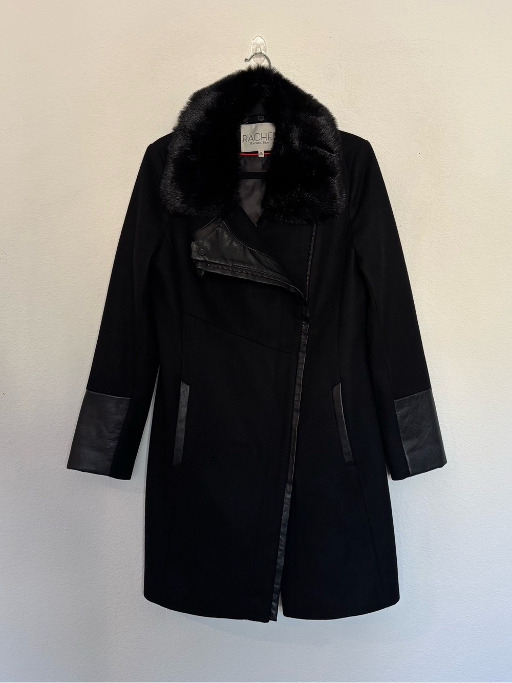 RACHEL Rachel Roy Asymmetrical Wool Blend Coat Faux Fur